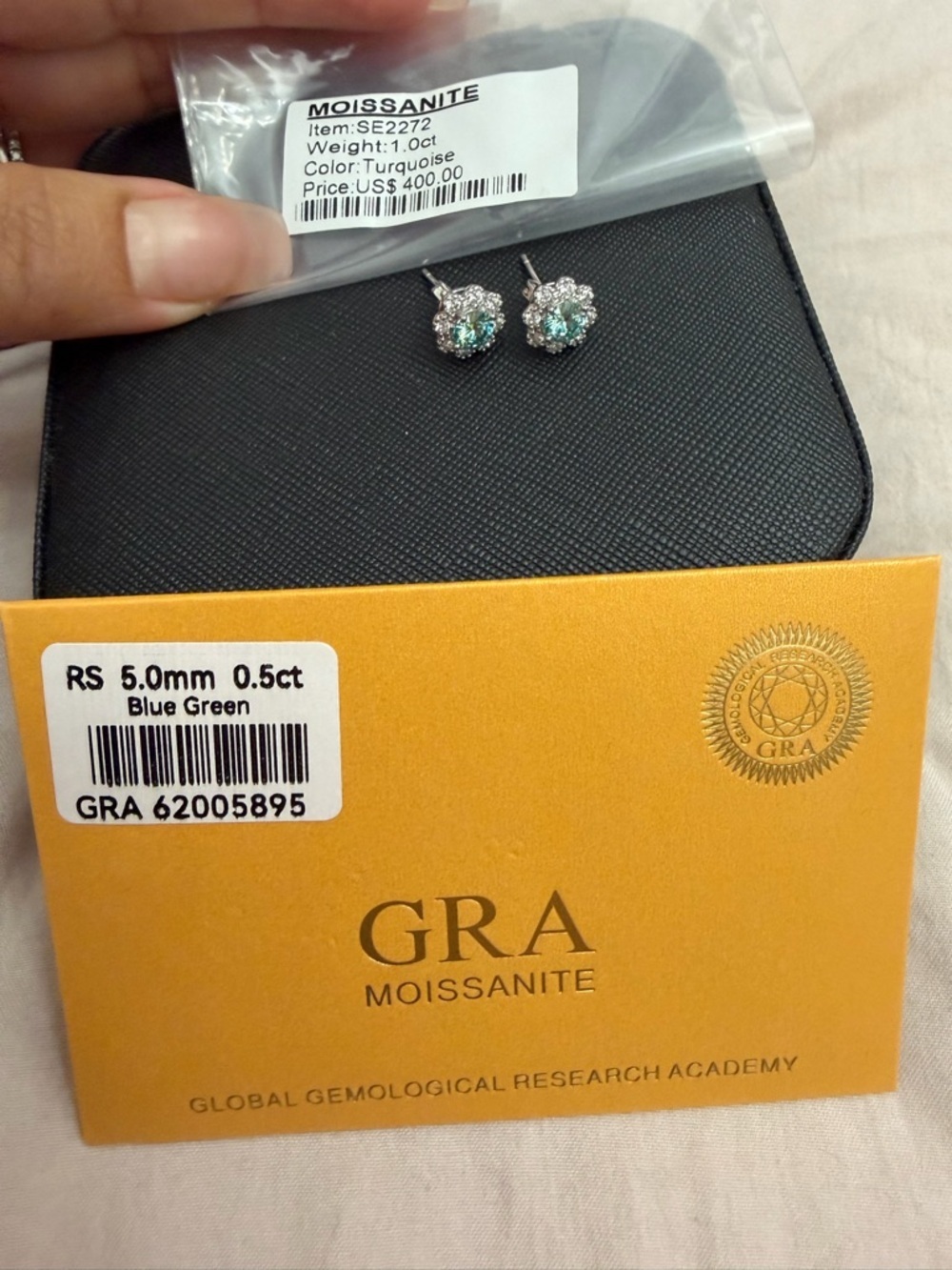 Moissanite Blue-Green Halo Stud Earrings